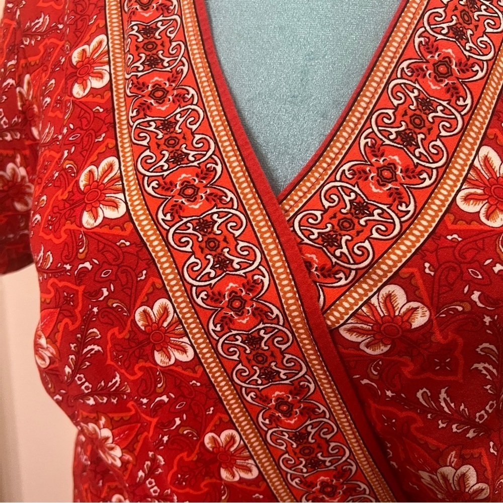 Zesica Maxi wrap dress short sleeve ruffle Red Cream Large - Picture 3 of 6